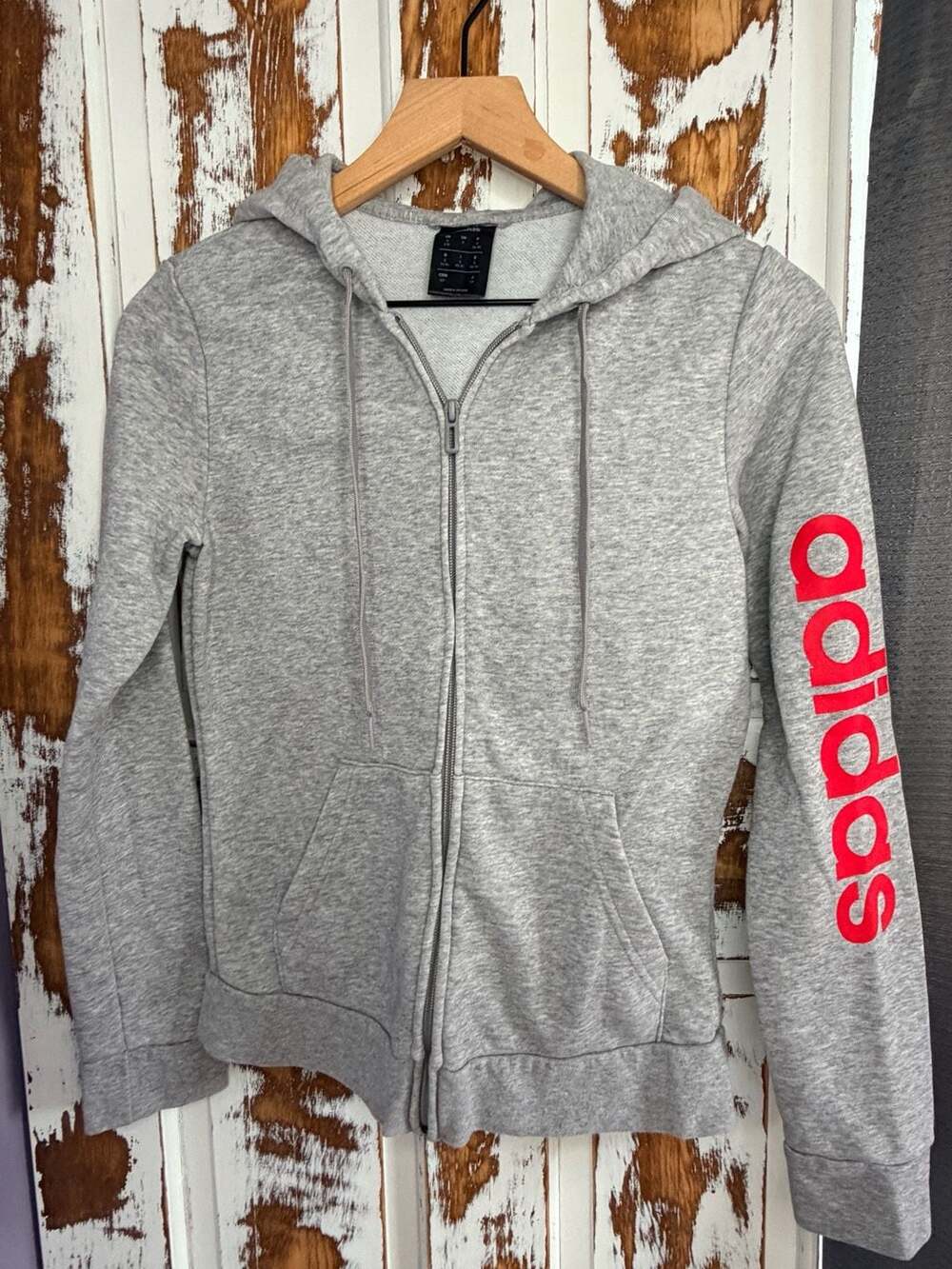 Adidas Gray Heather Full-Zip Hoodie Women’s Small Red Logo Sleeve Cotton Blend